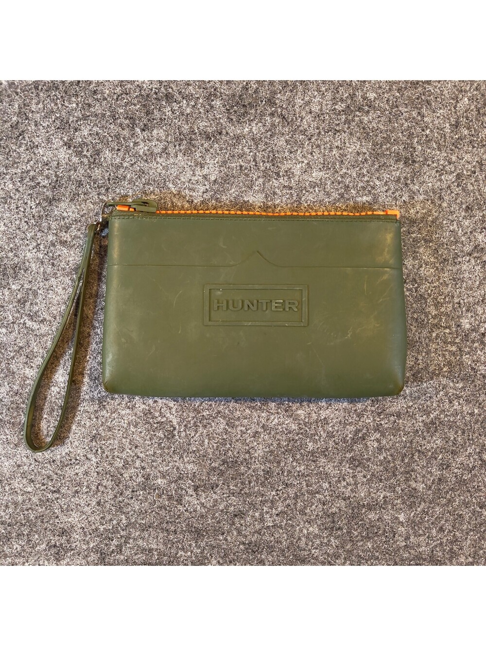 Hunter Rubberized Zip Pouch Wristlet Olive Green Orange Waterproof Travel Clutch